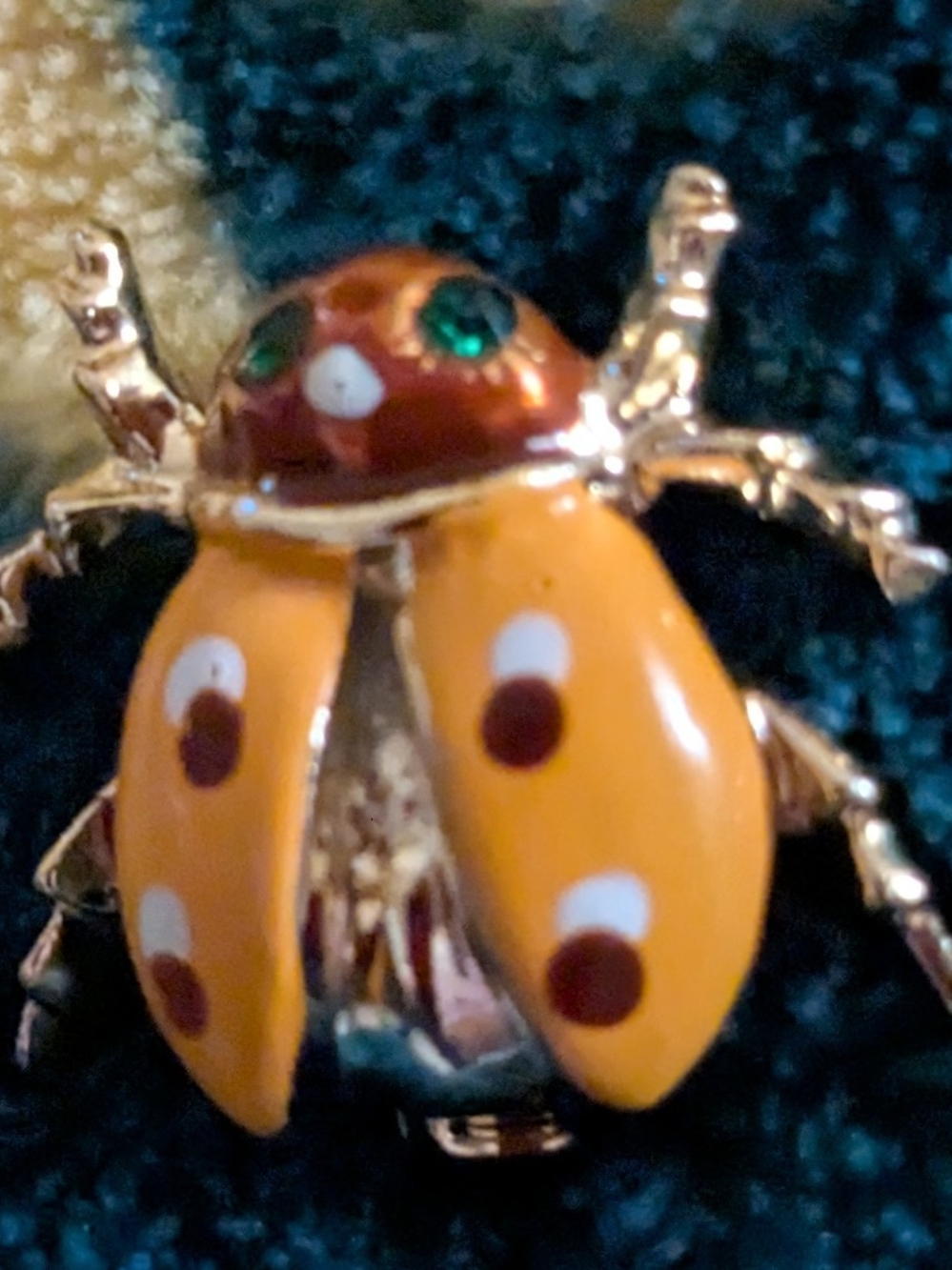 Vintage Orange Enamel Ladybug Brooch with Green Crystal Eyes
